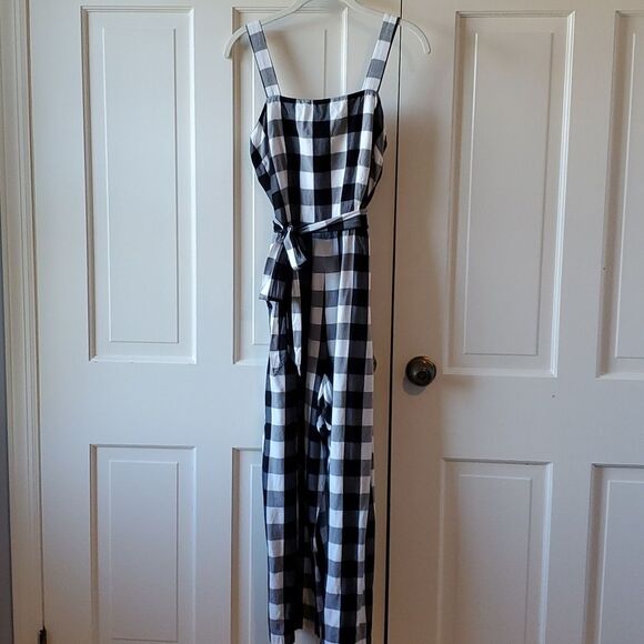 LOFT GINGHAM CHECK PLAID JUMPSUIT BLACK WHITE SIZE MEDIUM - Picture 3 of 12